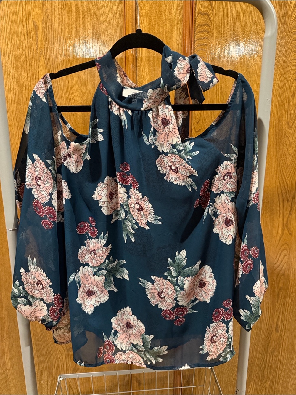 NSR Teal Floral Cold-Shoulder Blouse with Tie Neck